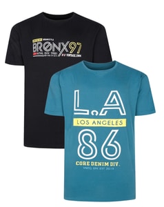 Bigdude Twin Pack LA and Bronx Print T-Shirt Petrol/Black